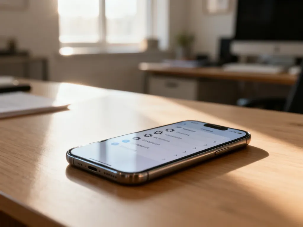 Smartfon z otwartym menu ustawień leżący na drewnianym biurku, symbolizujący proces zarządzania usługami telekomunikacyjnymi.