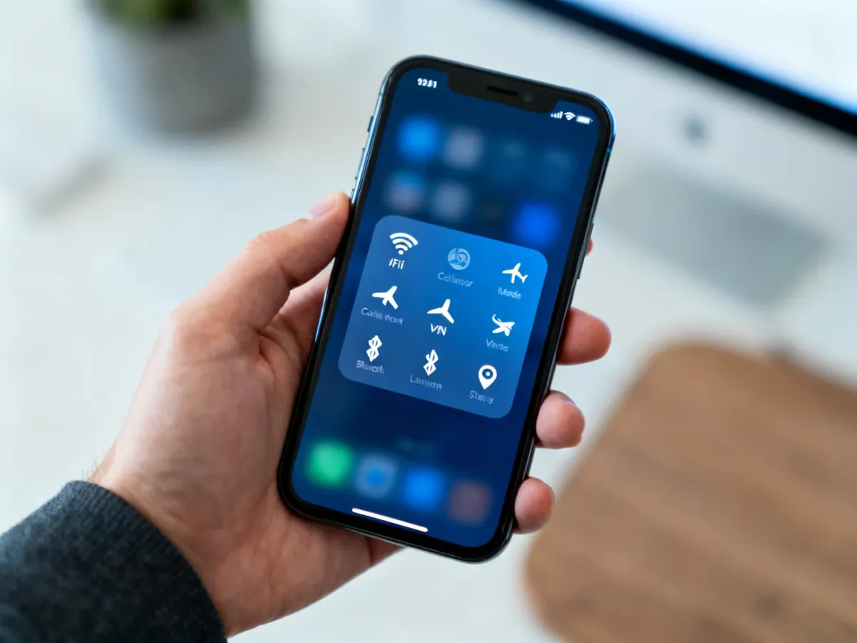 Smartfon z rozwiniętym panelem ikon sieci i łączności