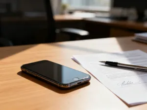 Dłoń trzymająca smartfon z aplikacją pilota do telewizora, skierowany w stronę włączonego odbiornika w przytulnym salonie.