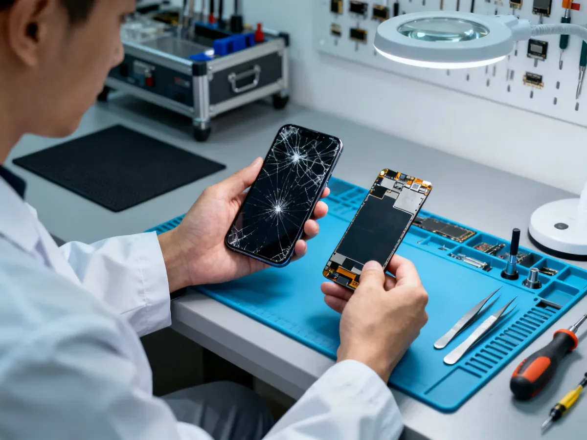 Serwisant porównujący uszkodzony ekran telefonu z nowym modułem