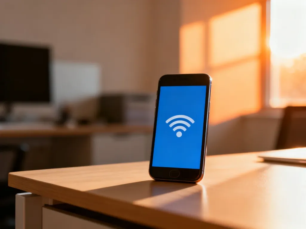 Nowoczesny smartfon na drewnianym biurku, symbolizujący gotowość do kontaktu z infolinią Plush.