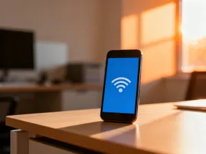 Nowoczesny smartfon na drewnianym biurku z ikoną folderu na ekranie, symbolizujący proces archiwizacji wiadomości SMS.