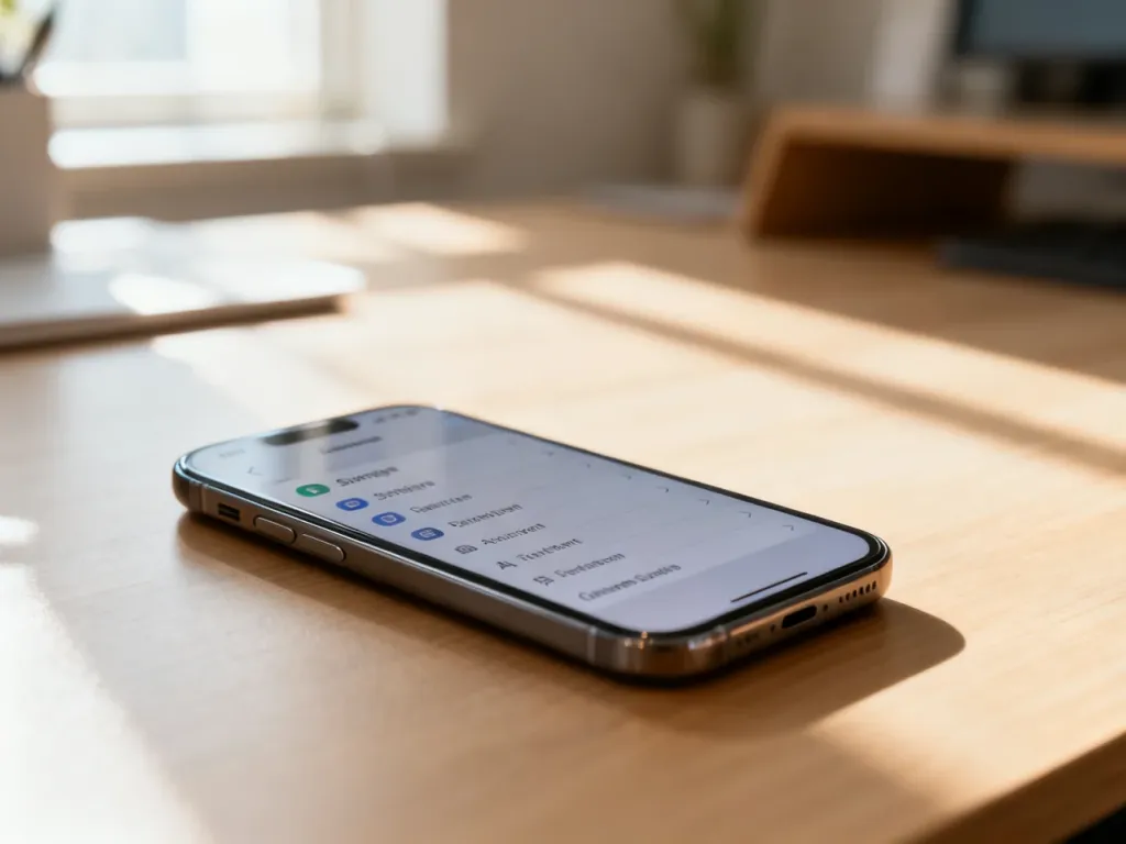Nowoczesny smartfon z otwartym menu ustawień na drewnianym biurku, symbolizujący konfigurację usług telefonicznych.