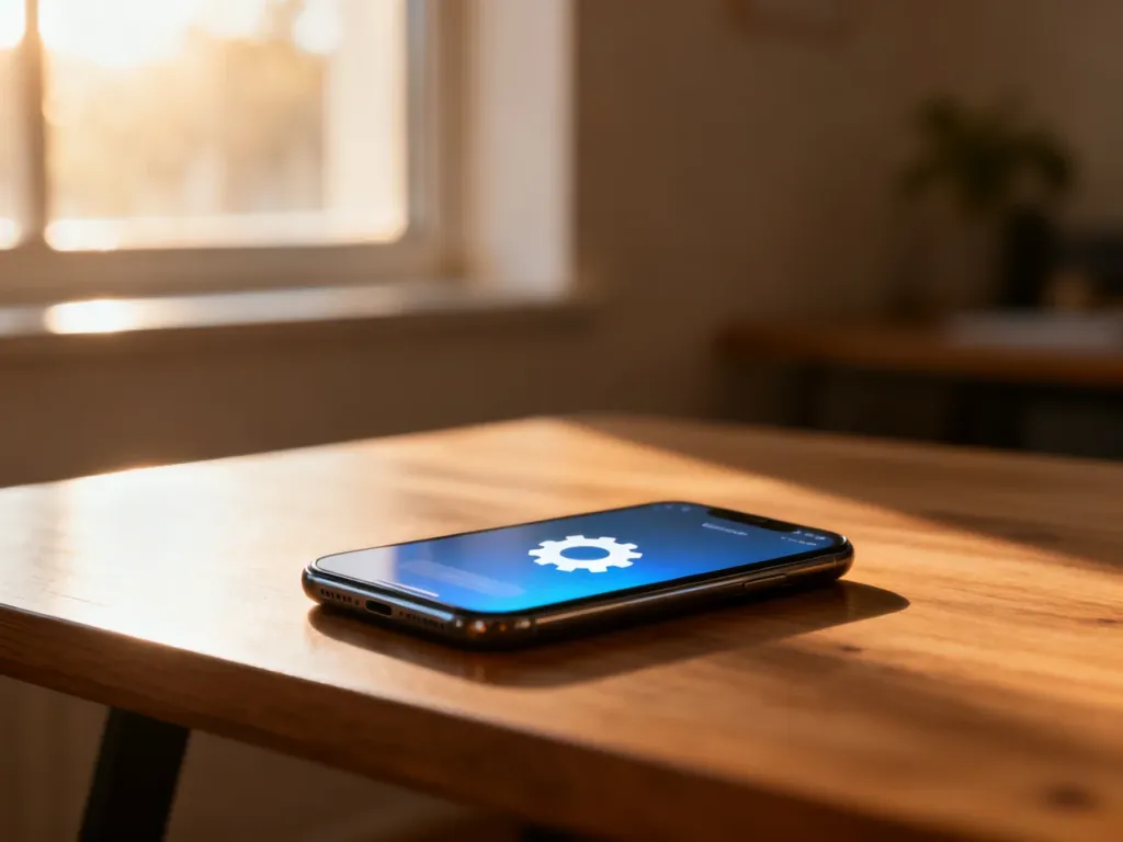 Nowoczesny smartfon leżący na drewnianym biurku z widoczną ikoną ustawień na ekranie, symbolizującą konfigurację telefonu.