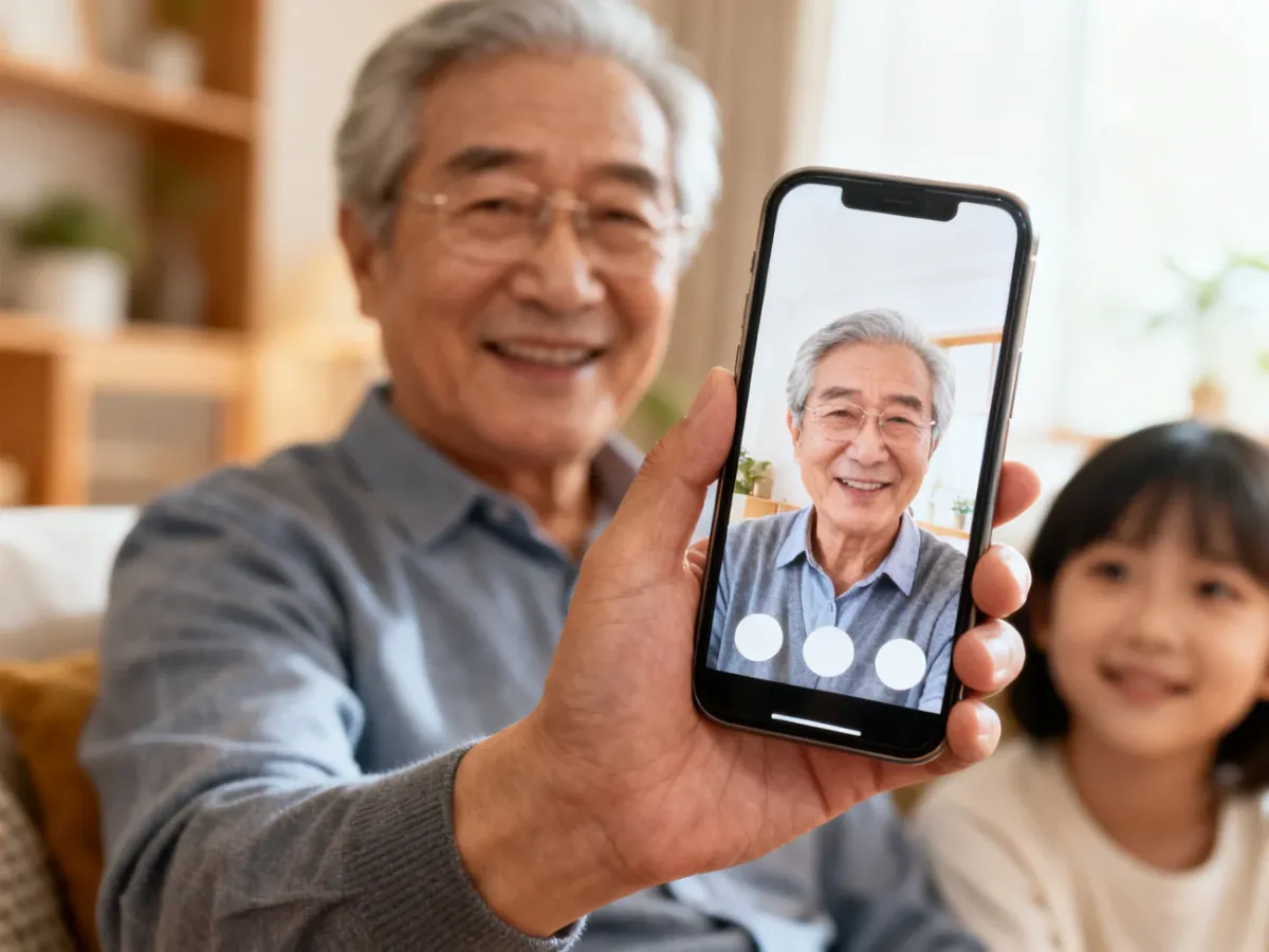 Senior using a large-screen smartphone for a video call