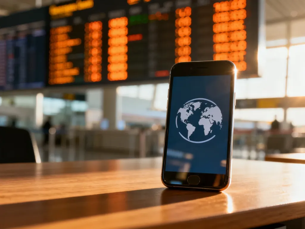 Nowoczesny smartfon z ikoną mapy świata na ekranie, symbolizujący łączność międzynarodową i roaming.