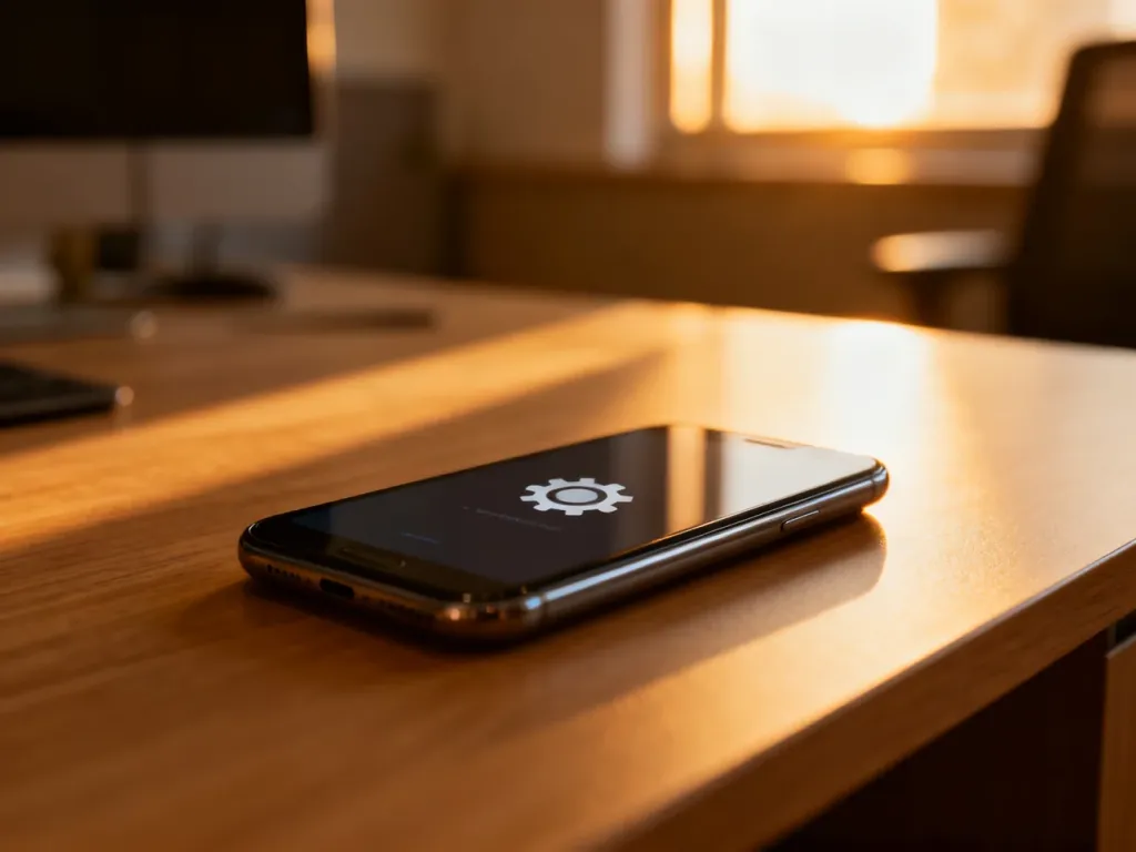 Nowoczesny smartfon z widoczną ikoną ustawień na ekranie, leżący na drewnianym biurku w słonecznym biurze.