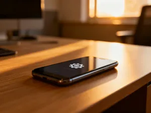 Nowoczesny smartfon na biurku z wyświetlonym graficznym wskaźnikiem zużycia danych mobilnych.