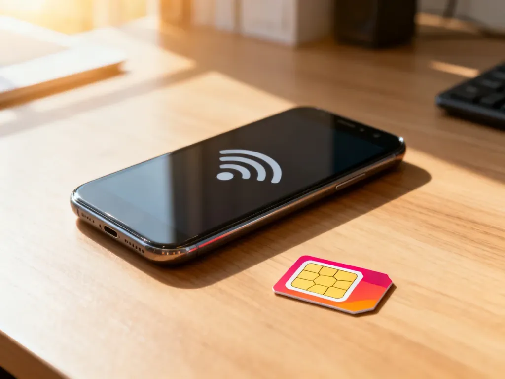 Smartfon z ikoną zasięgu i karta SIM na drewnianym biurku, symbolizujące proces przenoszenia numeru do sieci.