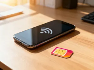 Nowoczesny smartfon z wyświetlonym interfejsem zużycia danych, leżący na drewnianym biurku.