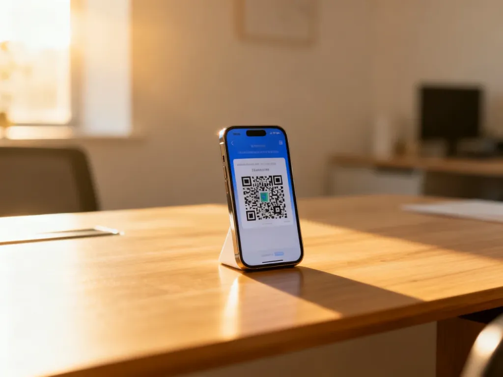 Nowoczesny smartfon z wyświetlonym kodem QR na drewnianym biurku, gotowy do aktywacji karty eSIM.