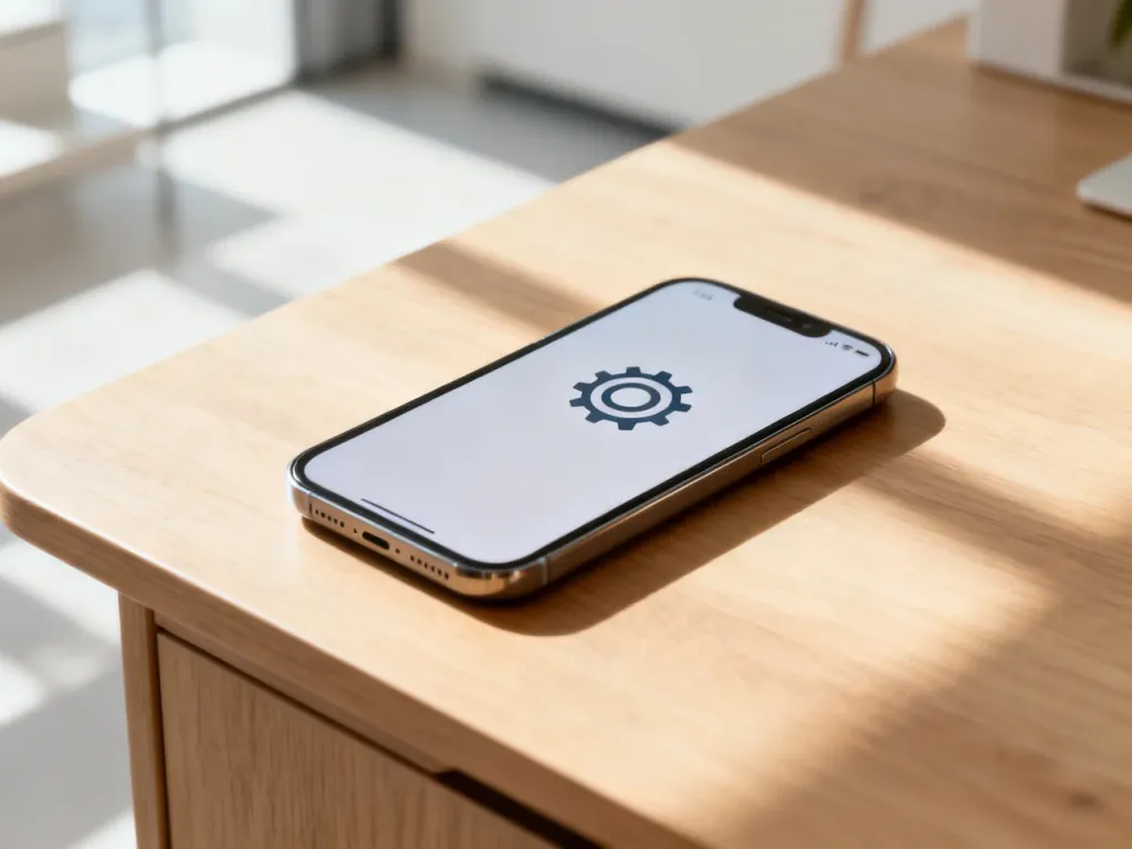 Smartfon leżący na drewnianym biurku, symbolizujący dostęp do ustawień telefonu w celu sprawdzenia numeru.