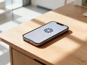 Nowoczesny smartfon z powiadomieniem leżący obok czerwonej róży na drewnianym stole w przytulnym wnętrzu.
