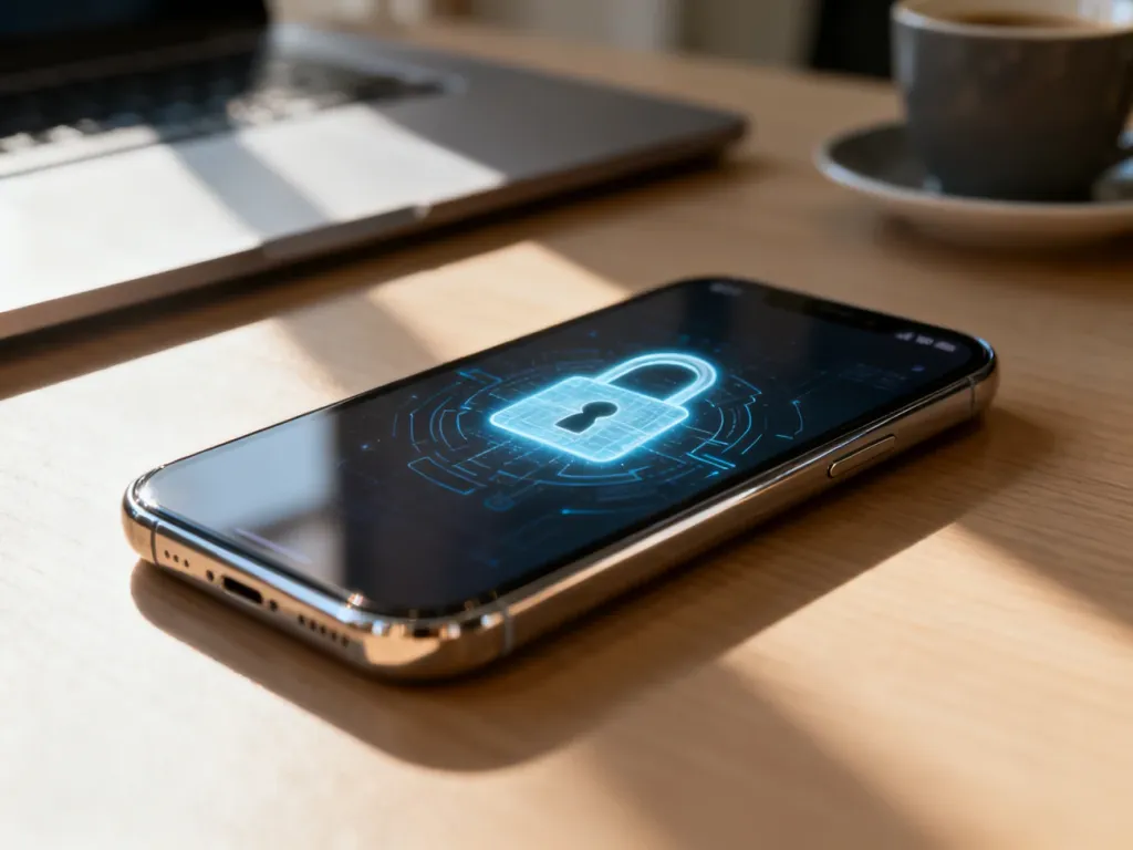 Nowoczesny smartfon na drewnianym biurku z ikoną cyfrowej kłódki na ekranie, symbolizującą bezpieczeństwo i identyfikację.