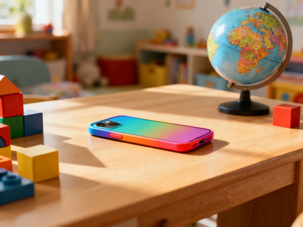 Kolorowy smartfon na biurku z klockami i globusem, symbolizujący wybór pierwszego telefonu dla dziecka.