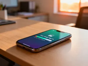 Smartfon z włączoną grą mobilną podłączony do ładowarki na drewnianym biurku, ilustrujący zużycie energii podczas grania.