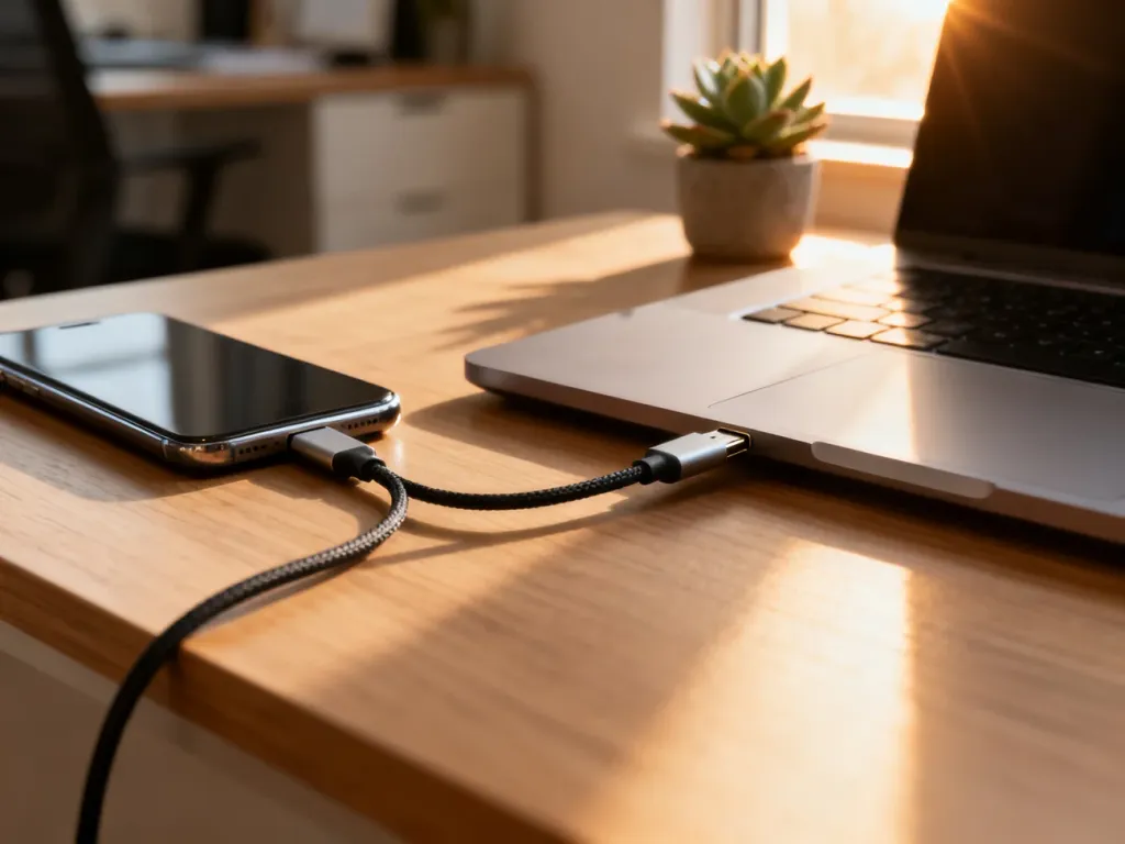 Kabel USB-C łączący smartfon z laptopem na drewnianym biurku, ilustrujący proces przesyłania zdjęć między urządzeniami.