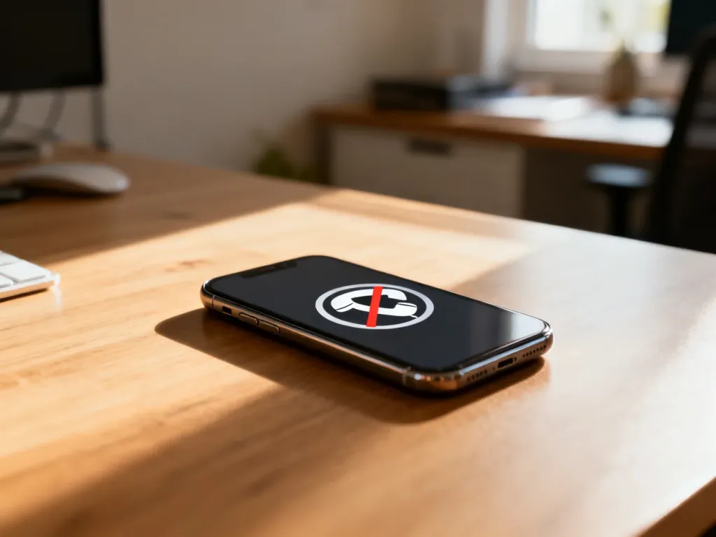 Nowoczesny smartfon na biurku z ikoną przekreślonej słuchawki na ekranie, symbolizującą wyłączenie poczty głosowej.