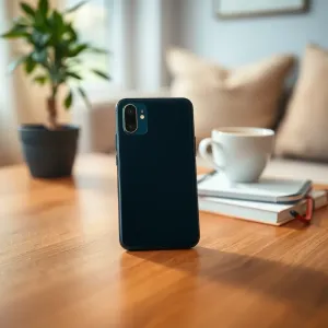 Nowoczesny smartfon z widocznym na ekranie polem do wpisania kodu PUK, leżący na minimalistycznym drewnianym biurku.