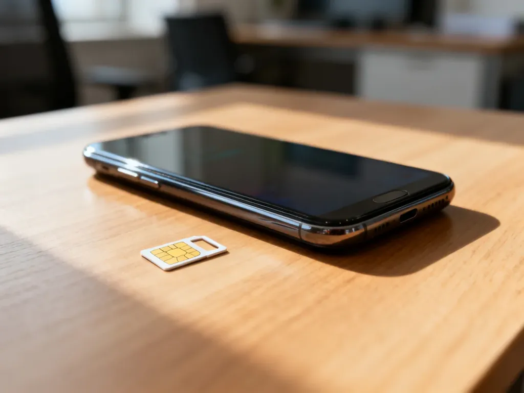 Nowoczesny smartfon leżący na biurku obok karty SIM, symbolizujący wybór między abonamentem a ofertą na kartę.