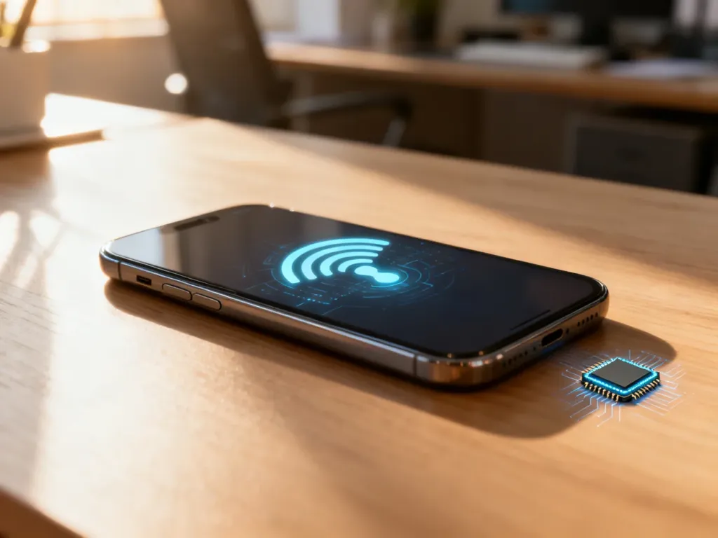 Nowoczesny smartfon na drewnianym biurku z ikoną zasięgu, symbolizujący aktywację usługi eSIM w telefonie.