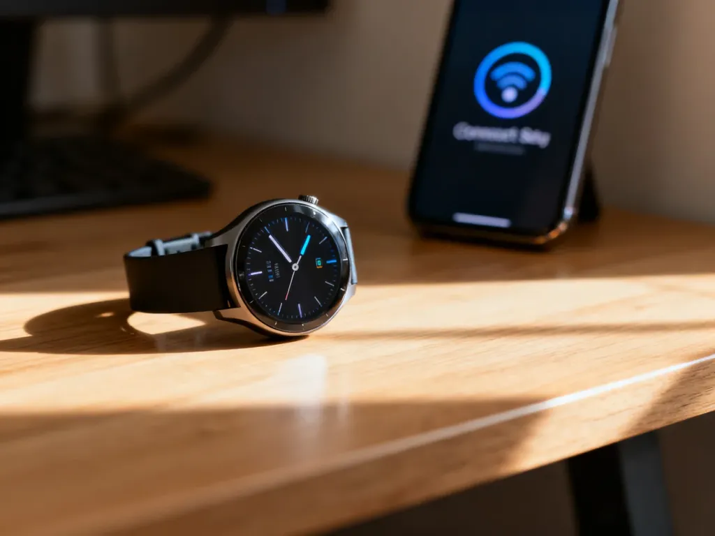 Nowoczesny smartwatch na drewnianym biurku obok smartfona z widoczną ikoną konfiguracji połączenia.