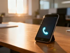 Nowoczesny smartfon z aplikacją bankową na ekranie, leżący na drewnianym biurku w przytulnej kawiarni.