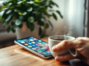 Nowoczesny smartfon z kolorową grą logiczną na ekranie, leżący na drewnianym biurku w przytulnym wnętrzu.