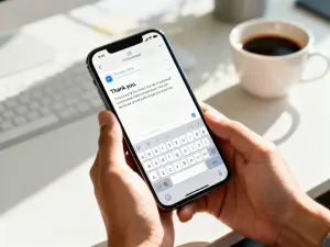 Nowoczesny smartfon z otwartym menu ustawień na drewnianym biurku, ilustrujący proces sprawdzania numeru telefonu.