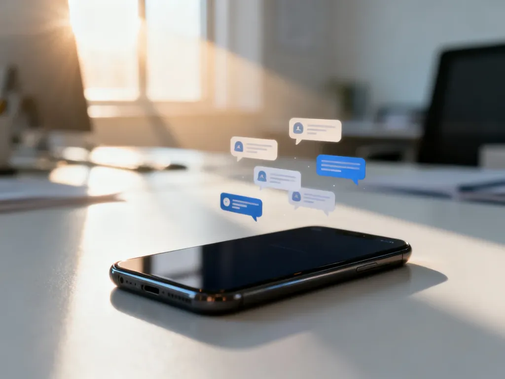 Nowoczesny smartfon z unoszącymi się ikonami powiadomień, symbolizujący masową wysyłkę wiadomości SMS w biurowym otoczeniu.
