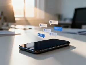 Smartfon z ikoną blokowania powiadomień na ekranie, leżący na drewnianym biurku w domowym biurze.