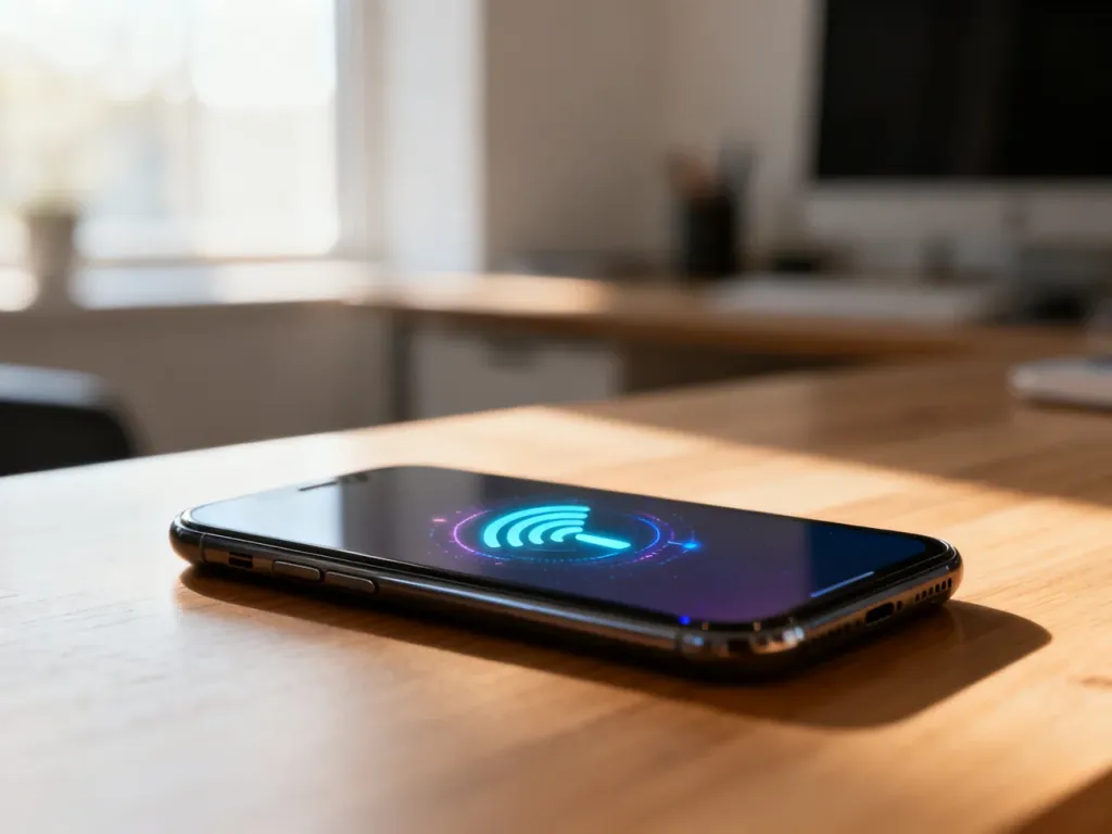Smartfon z ikoną zasięgu na ekranie, symbolizujący aktywację cyfrowej karty eSIM w Mobile Vikings.