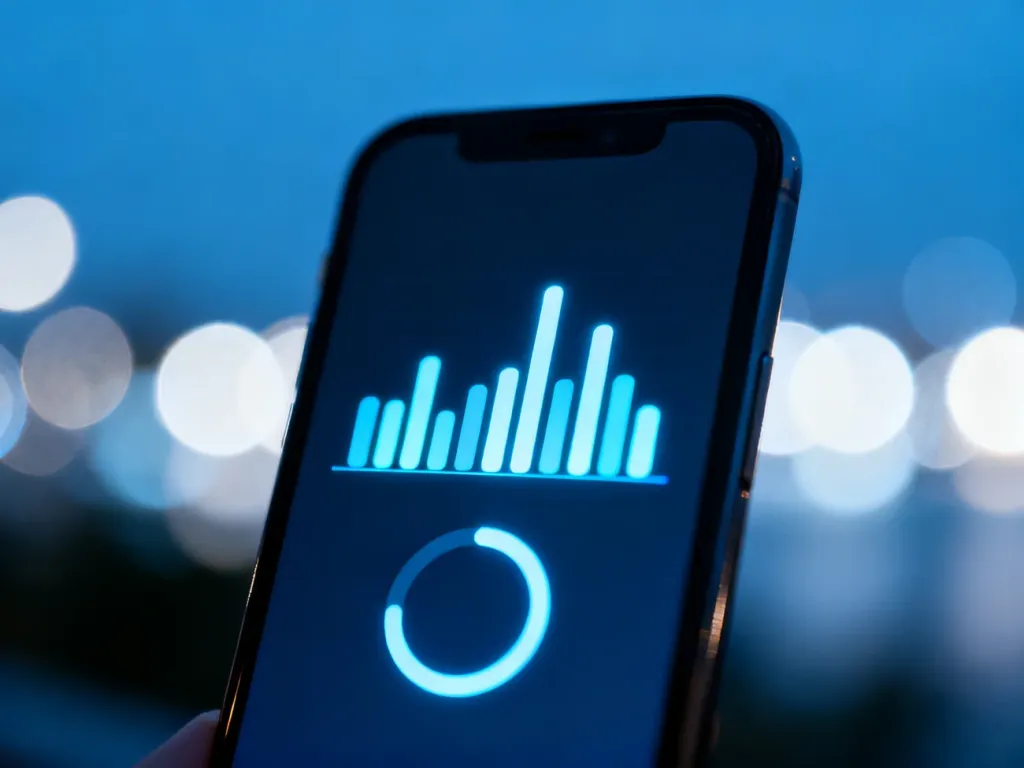 Nowoczesny smartfon z podświetlanym interfejsem, symbolizujący proces sprawdzania stanu konta w sieci Heyah.