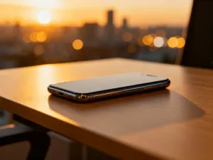 Smartfon z włączoną grą na nowoczesnym biurku w otoczeniu nastrojowego oświetlenia LED.