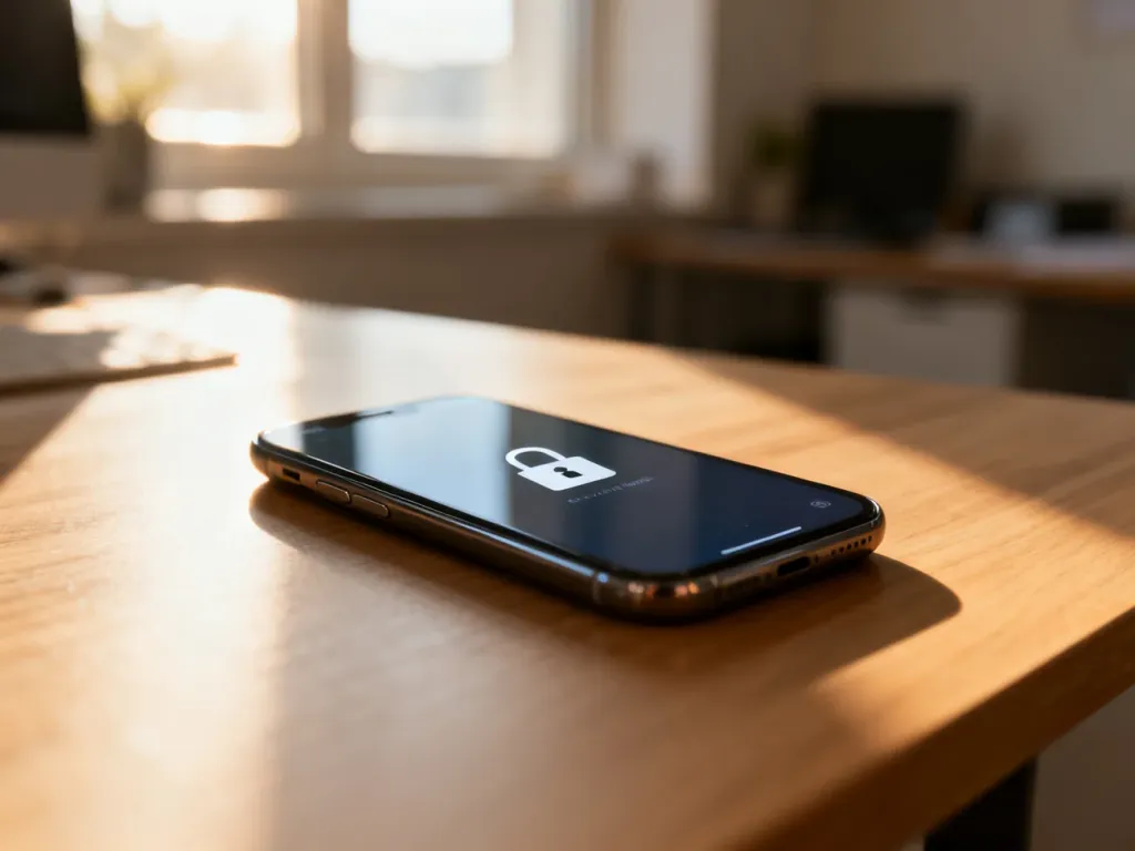 Nowoczesny smartfon z ikoną blokady ekranu na drewnianym biurku, symbolizujący zabezpieczenia telefonu.