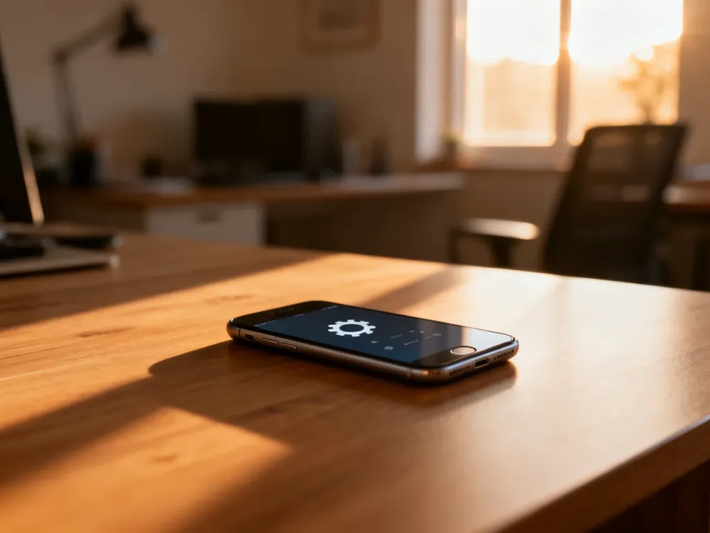 Nowoczesny smartfon leżący na drewnianym biurku, symbolizujący dostęp do ustawień telefonu w celu sprawdzenia numeru.