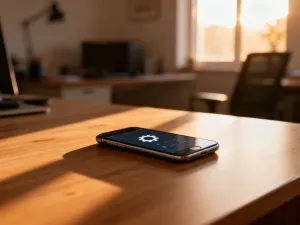 Nowoczesny smartfon z widoczną ikoną zasięgu na ekranie, symbolizujący proces przenoszenia numeru do sieci nju mobile.