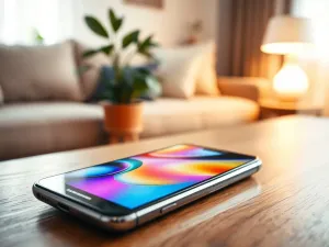 Smartfon na drewnianym biurku z ikoną wiadomości i symbolem ostrzegawczym, ilustrujący problem z niedochodzącymi SMS-ami.