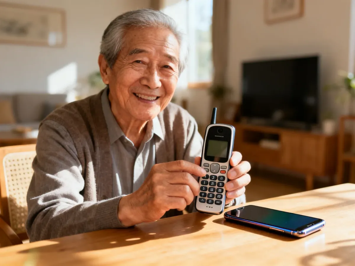 Senior comparing a simple button phone with a smartphone