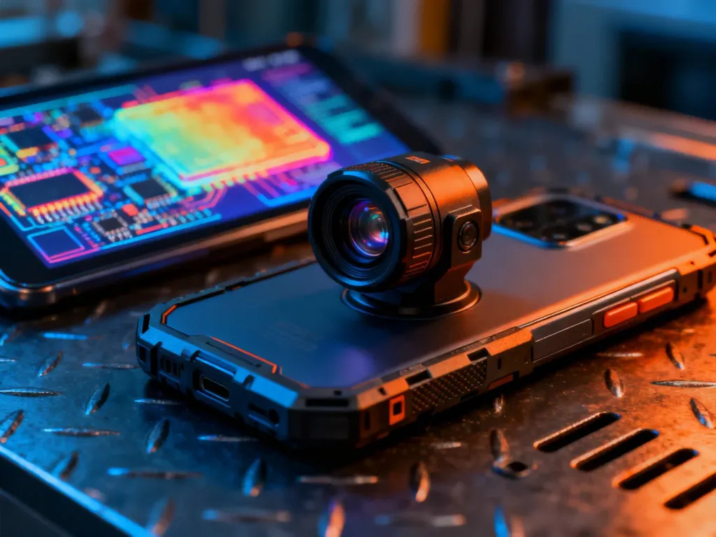 Wytrzymały smartfon z widocznym obiektywem kamery termowizyjnej na tle ekranu z wizualizacją rozkładu ciepła.