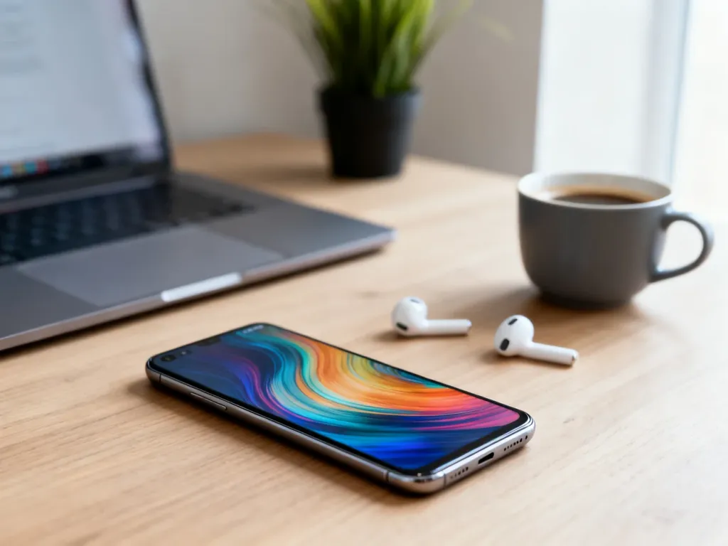 Smartfon Sony Xperia 10 VI na biurku obok słuchawek bezprzewodowych i kawy w minimalistycznym, domowym biurze.