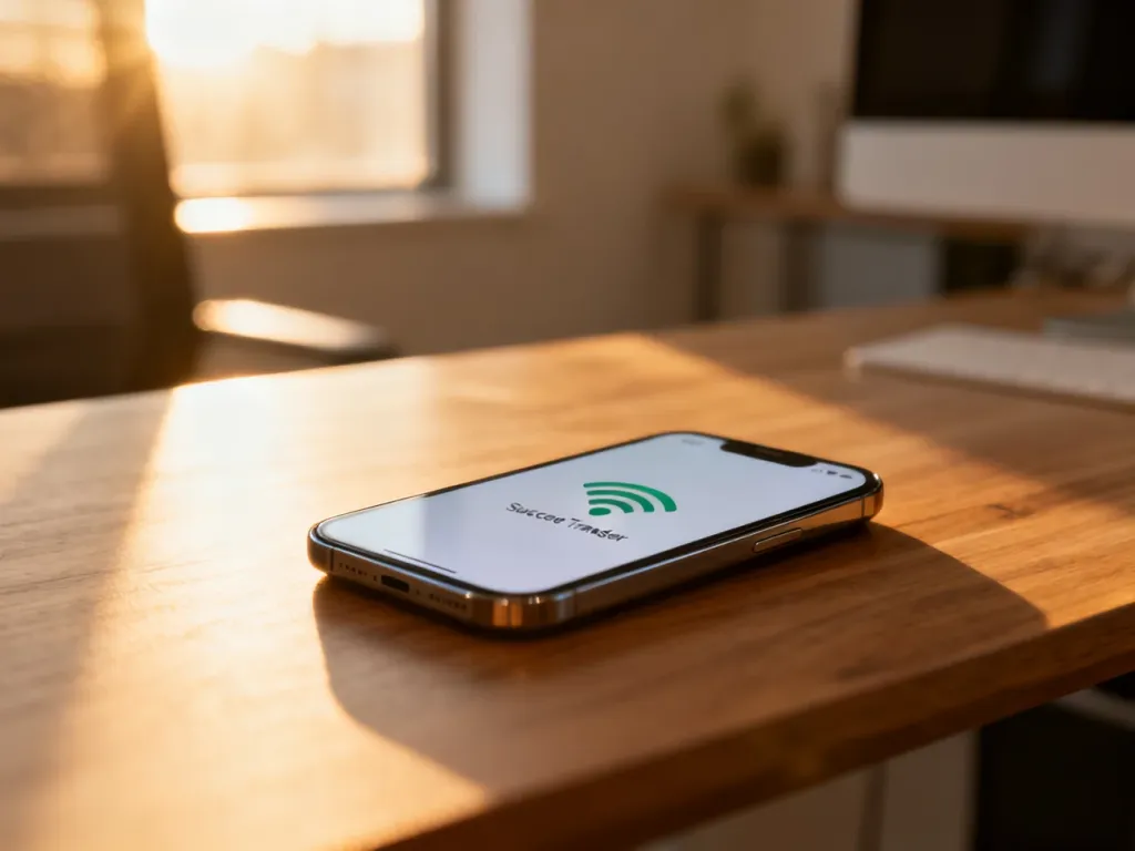 Smartfon na drewnianym biurku z ikoną potwierdzającą pomyślne przeniesienie numeru telefonu.