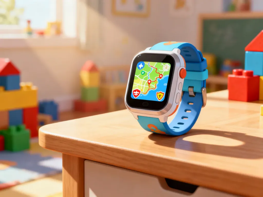 Nowoczesny smartwatch dla dzieci z kolorową mapą i ikonami bezpieczeństwa na ekranie, leżący na drewnianym biurku.