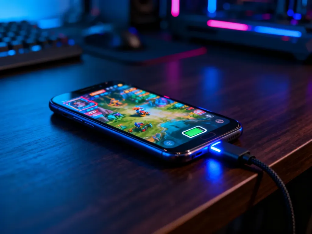 Smartfon z włączoną grą mobilną podłączony do ładowarki na drewnianym biurku, ilustrujący zużycie energii podczas grania.