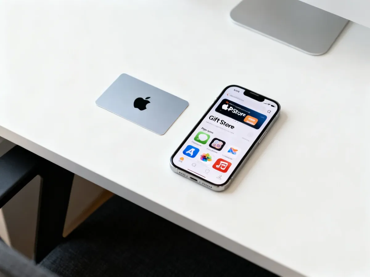 Apple Gift Card i smartfon z aplikacją App Store na jasnym biurku