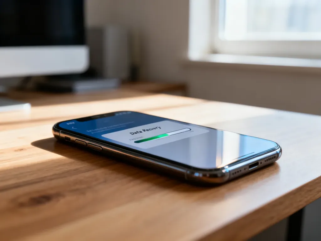Smartfon z interfejsem odzyskiwania danych na ekranie, leżący na drewnianym biurku w domowym biurze.