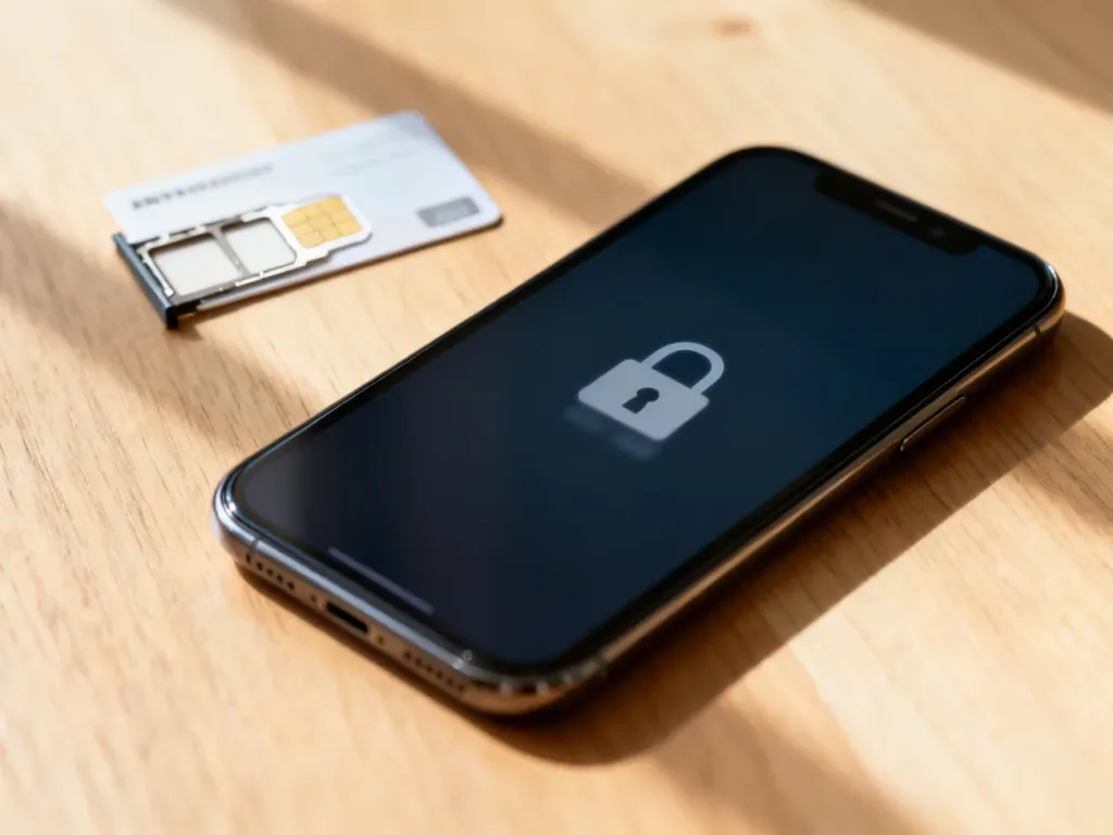 Nowoczesny smartfon z ikoną kłódki na ekranie oraz wysunięta karta SIM leżąca na drewnianym biurku.