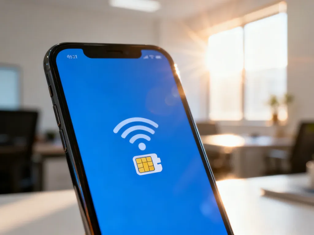 Nowoczesny smartfon z ikoną zasięgu i karty SIM, ilustrujący proces sprawdzania numeru telefonu w Mobile Vikings.