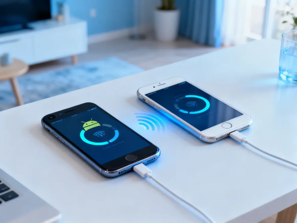 Telefon z Androidem i iPhone obok siebie podczas bezprzewodowego transferu danych