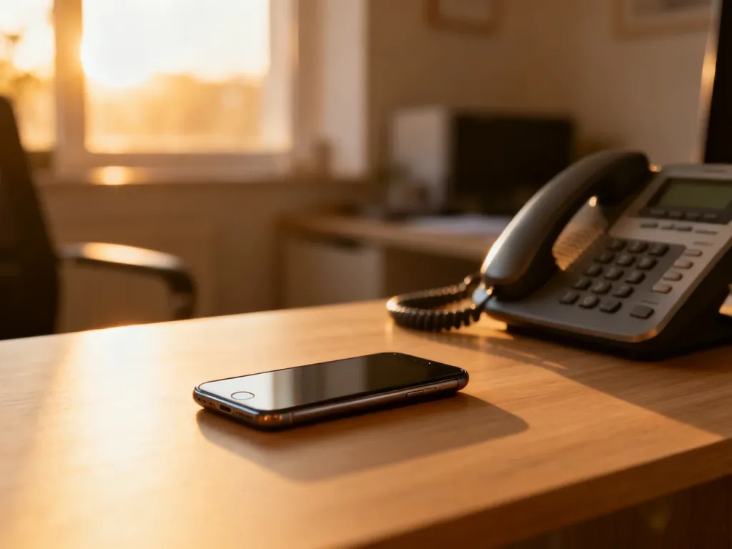 Smartfon i telefon stacjonarny na drewnianym biurku w słonecznym biurze, symbolizujące zarządzanie połączeniami.